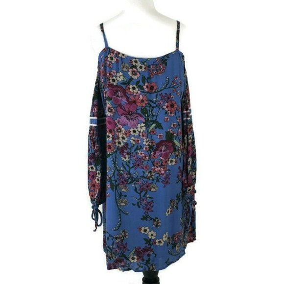 WAYF Women's M Medium Mini Shift Dress Cold Shoulder Dress Floral Pattern Blue - Picture 6 of 7